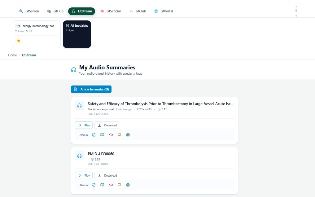 LitStream: generated audio summaries of saved articles with play and download controls
