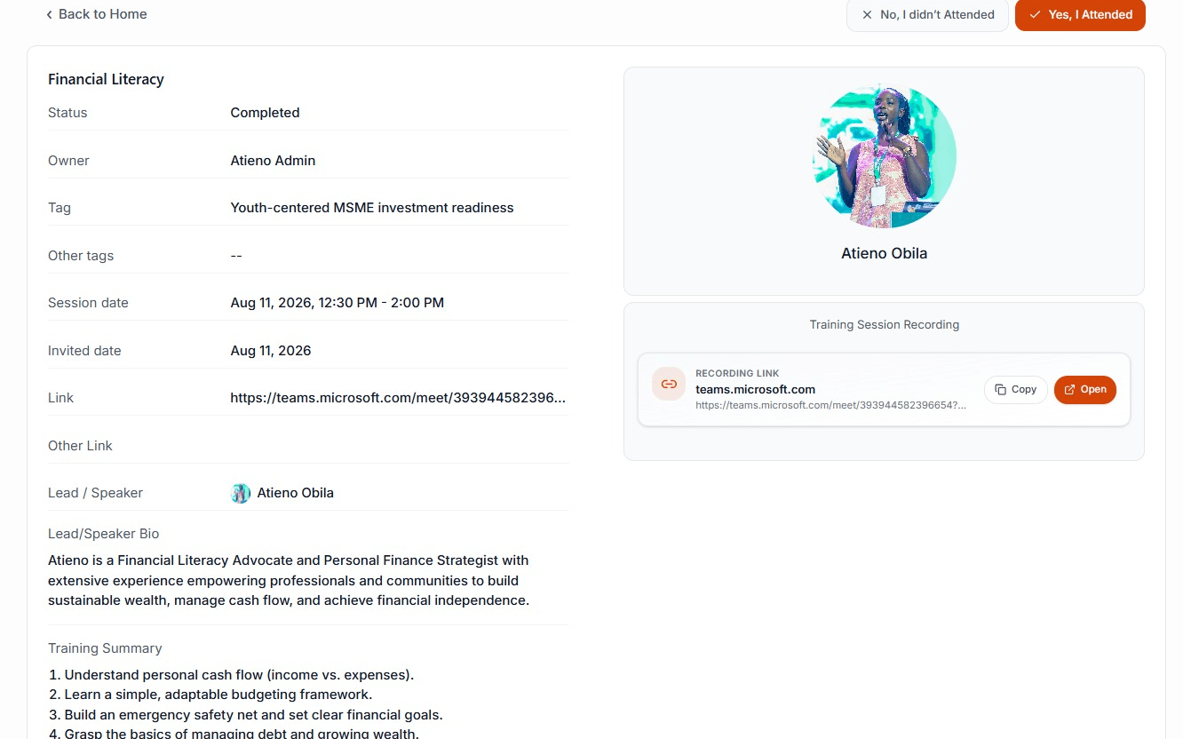 A completed training session: speaker, bio, agenda, session date, and the recording link