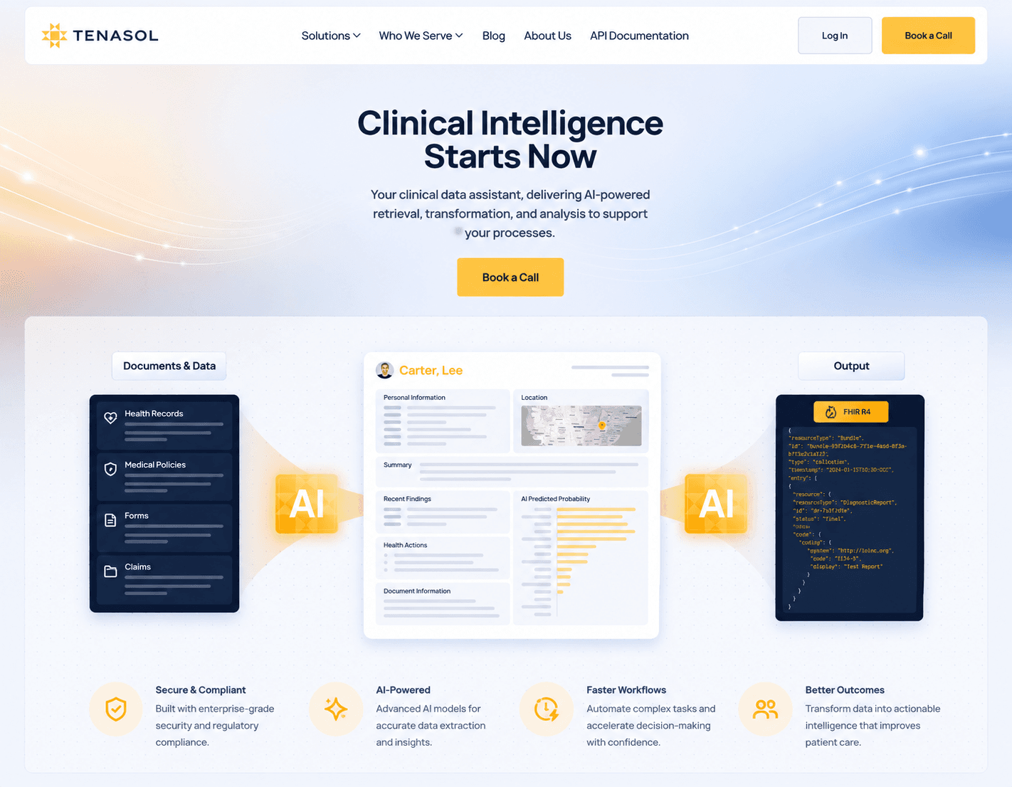 Tenasol's clinical intelligence platform: the document-to-FHIR pipeline, health records and claims in, a patient summary with AI-predicted probability, FHIR R4 bundle out