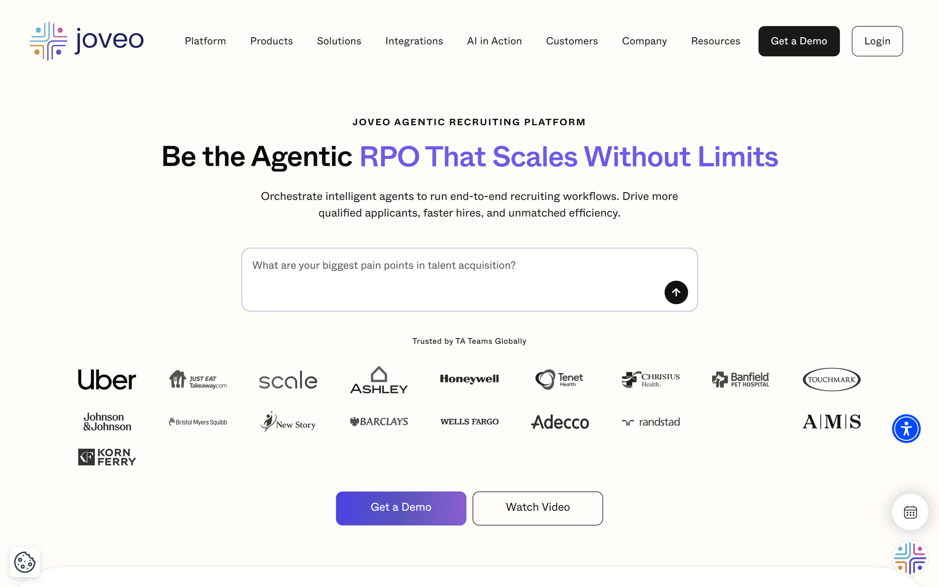 Joveo's agentic recruiting platform: the landing page, with the TA teams it is used by