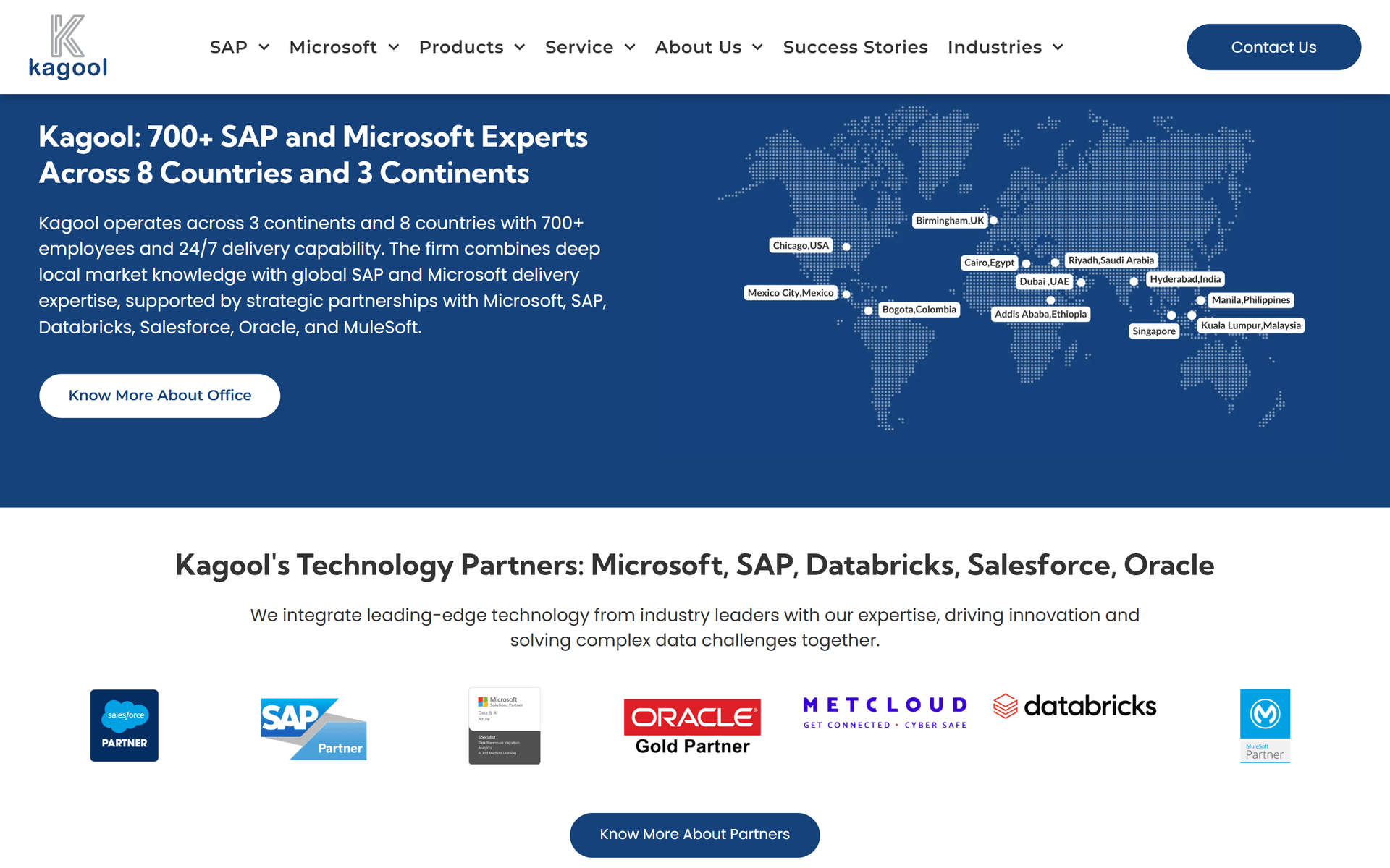 Kagool's homepage: its office map across three continents and its technology partners