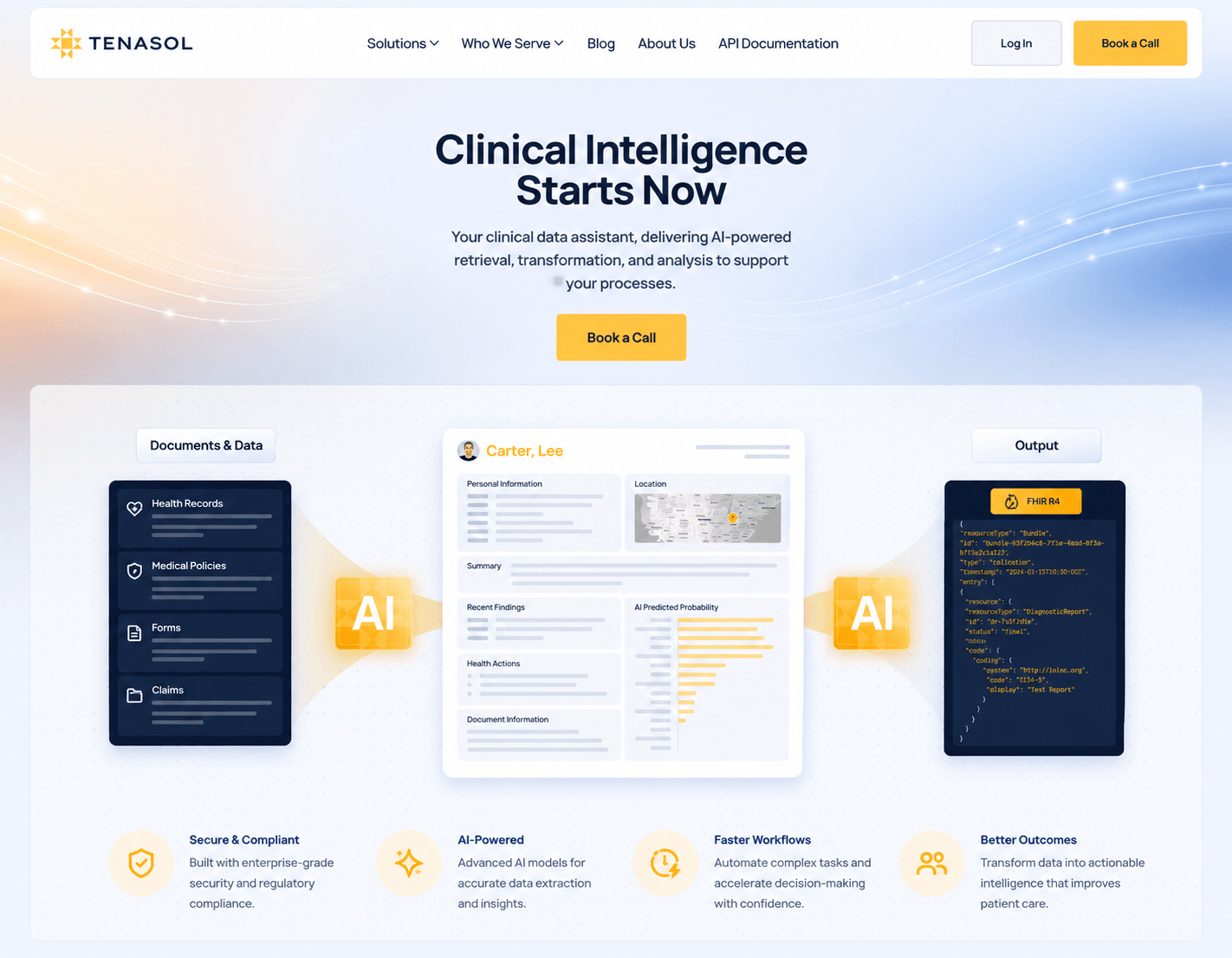 Tenasol's clinical intelligence platform: the document-to-FHIR pipeline, health records and claims in, a patient summary with AI-predicted probability, FHIR R4 bundle out
