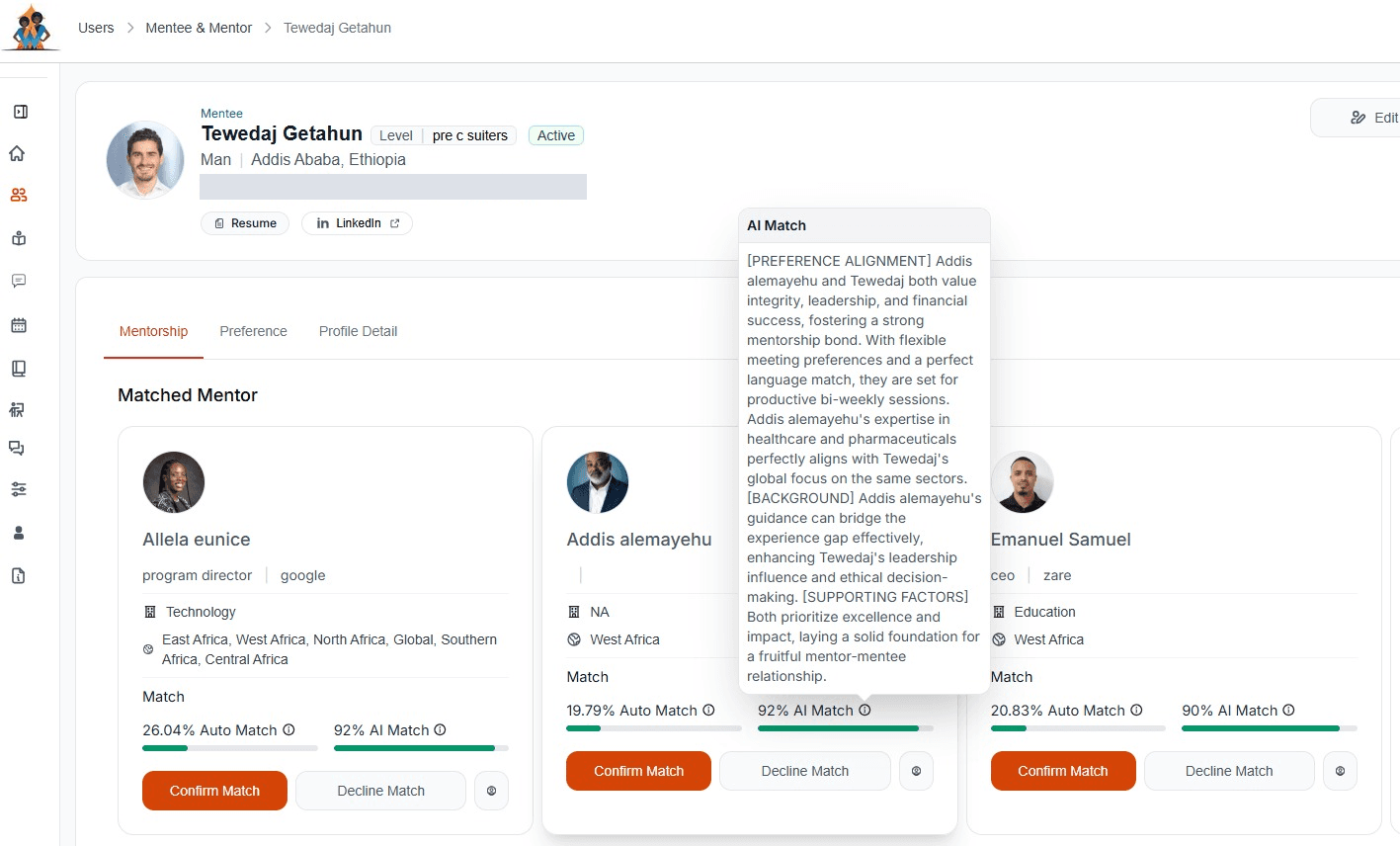 A mentee's record in the admin console, showing three matched mentors each scored by an automatic match and an AI match, with the AI's reasoning open